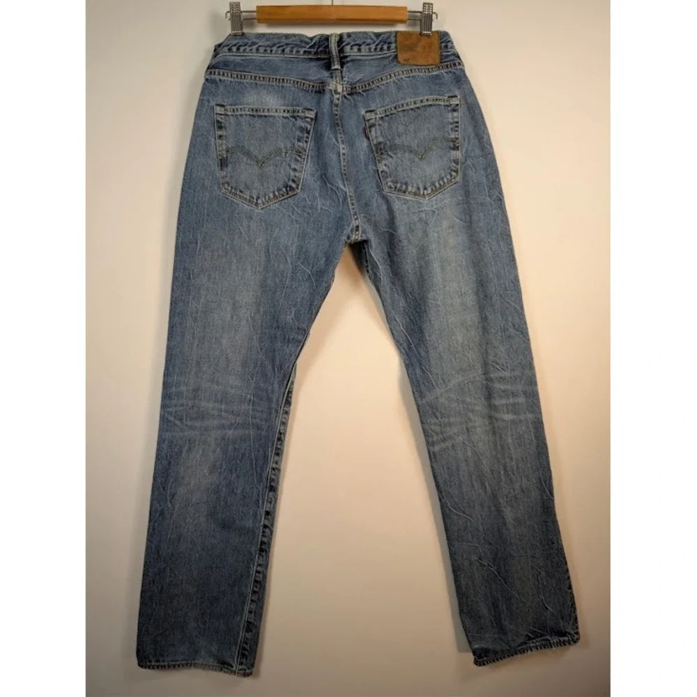 Levi's 501 Premium Jeans Mens 34x30.5 Crinkle Distressed Blue Real Leather Patch